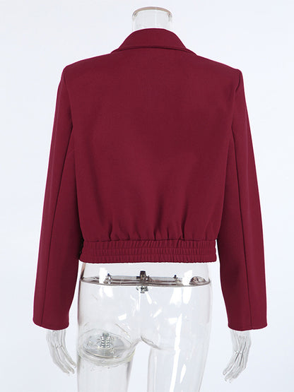 Burgundy Red Women's Cropped Jacket - Chic Turn Down Collar Zip Up Elastic Hem - Spring Casual Streetwear 2026