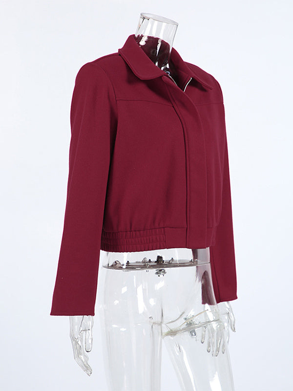 Burgundy Red Women's Cropped Jacket - Chic Turn Down Collar Zip Up Elastic Hem - Spring Casual Streetwear 2026
