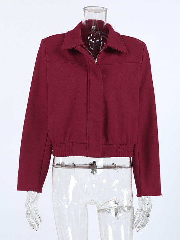 Burgundy Red Women's Cropped Jacket - Chic Turn Down Collar Zip Up Elastic Hem - Spring Casual Streetwear 2026