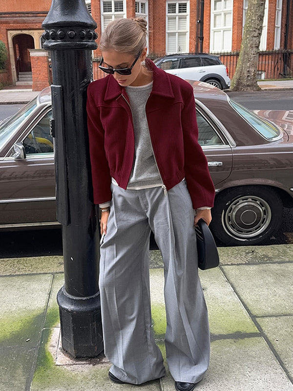 Burgundy Red Women's Cropped Jacket - Chic Turn Down Collar Zip Up Elastic Hem - Spring Casual Streetwear 2026
