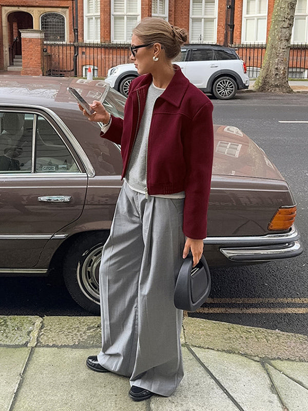 Burgundy Red Women's Cropped Jacket - Chic Turn Down Collar Zip Up Elastic Hem - Spring Casual Streetwear 2026