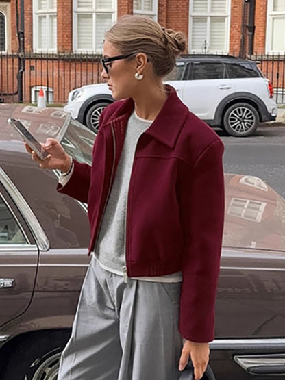 Burgundy Red Women's Cropped Jacket - Chic Turn Down Collar Zip Up Elastic Hem - Spring Casual Streetwear 2026