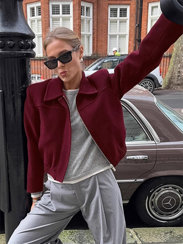 Burgundy Red Women's Cropped Jacket - Chic Turn Down Collar Zip Up Elastic Hem - Spring Casual Streetwear 2026