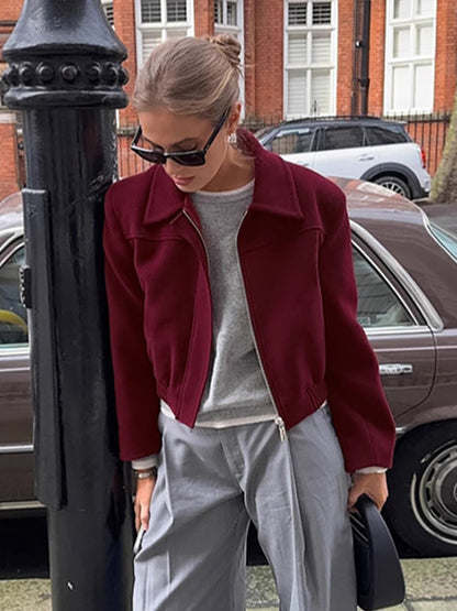 Burgundy Red Women's Cropped Jacket - Chic Turn Down Collar Zip Up Elastic Hem - Spring Casual Streetwear 2026