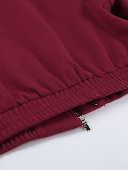 Burgundy Red Women's Cropped Jacket - Chic Turn Down Collar Zip Up Elastic Hem - Spring Casual Streetwear 2026