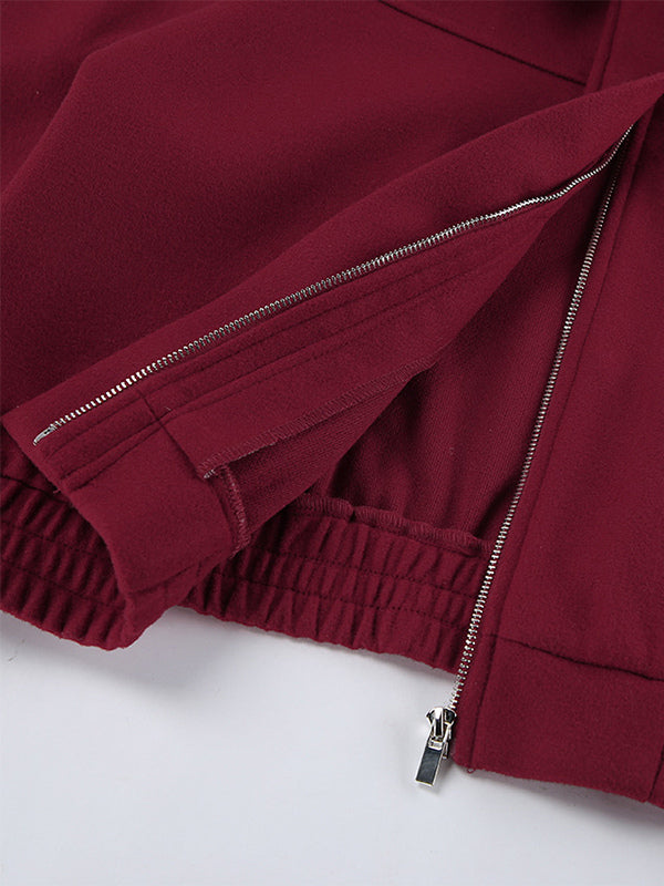 Burgundy Red Women's Cropped Jacket - Chic Turn Down Collar Zip Up Elastic Hem - Spring Casual Streetwear 2026