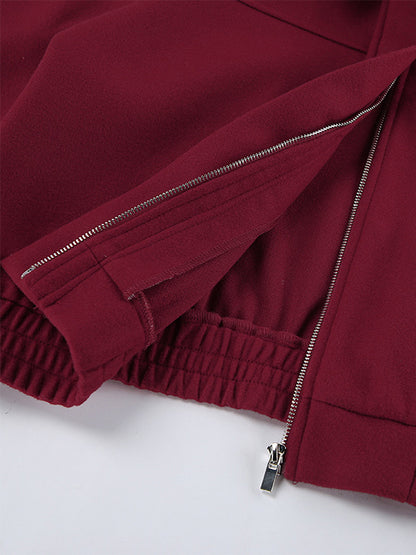 Burgundy Red Women's Cropped Jacket - Chic Turn Down Collar Zip Up Elastic Hem - Spring Casual Streetwear 2026