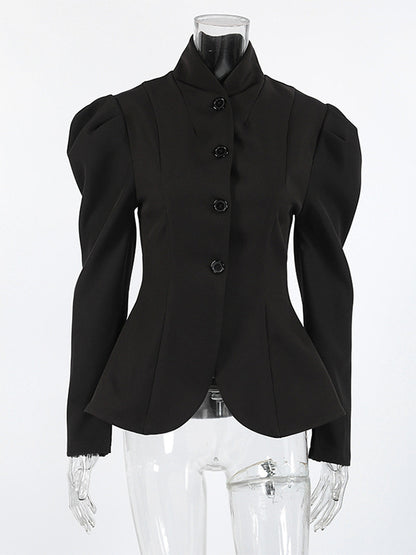 Vintage Peplum Blazer For Women - Puff Sleeve Stand Collar Slim Fit Jacket - Chic Spring Party Outerwear 2026