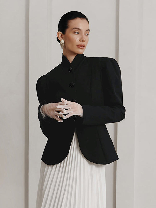 Vintage Peplum Blazer For Women - Puff Sleeve Stand Collar Slim Fit Jacket - Chic Spring Party Outerwear 2026
