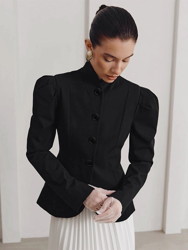 Vintage Peplum Blazer For Women - Puff Sleeve Stand Collar Slim Fit Jacket - Chic Spring Party Outerwear 2026