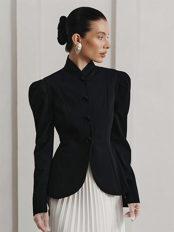 Vintage Peplum Blazer For Women - Puff Sleeve Stand Collar Slim Fit Jacket - Chic Spring Party Outerwear 2026