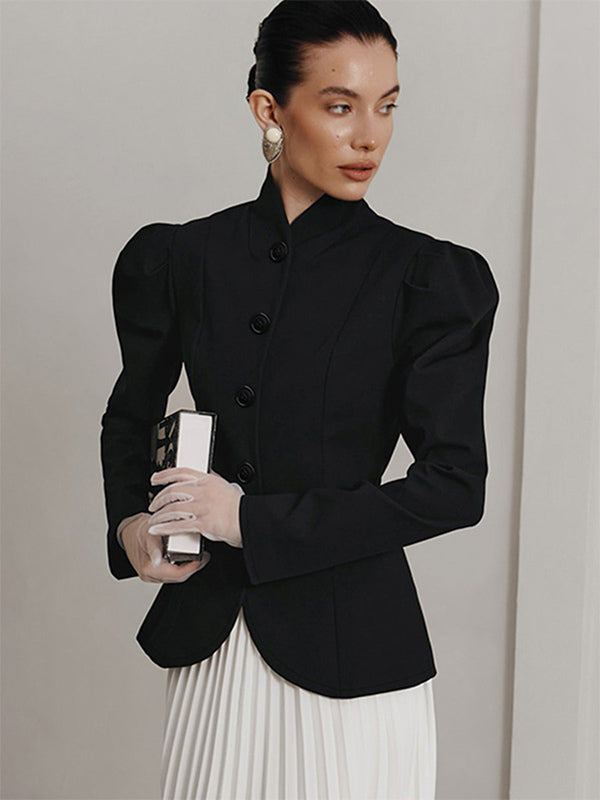 Vintage Peplum Blazer For Women - Puff Sleeve Stand Collar Slim Fit Jacket - Chic Spring Party Outerwear 2026