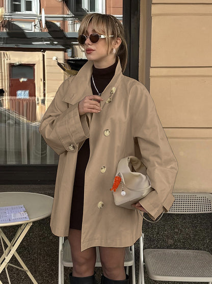 Cotton Blend Women's Trench Jacket - Minimalist Double Breasted Wide Sleeve Oversized Fit - Spring Casual Streetwear 2026