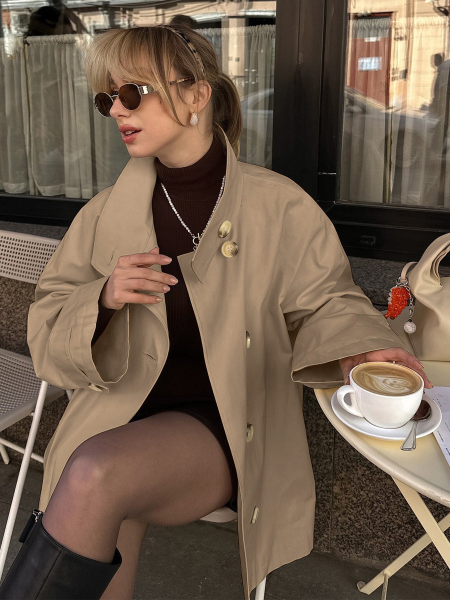 Cotton Blend Women's Trench Jacket - Minimalist Double Breasted Wide Sleeve Oversized Fit - Spring Casual Streetwear 2026