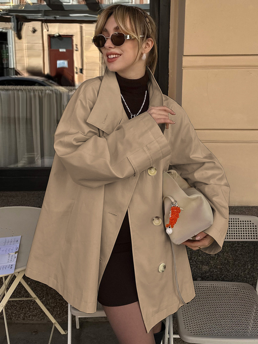 Cotton Blend Women's Trench Jacket - Minimalist Double Breasted Wide Sleeve Oversized Fit - Spring Casual Streetwear 2026