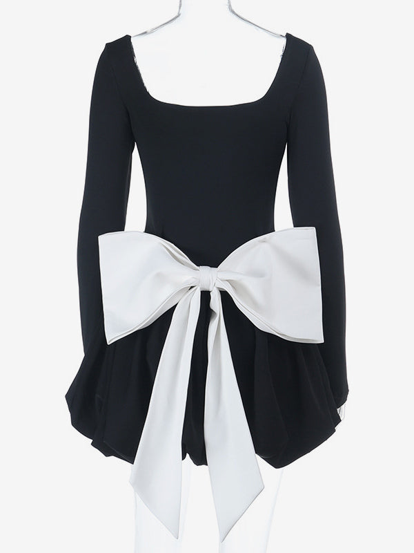 Square Neck Women Bubble Mini Dress With Big Bow - Black Long Sleeve Elegant Contrast - Audrey Style Spring Party Wear 2026