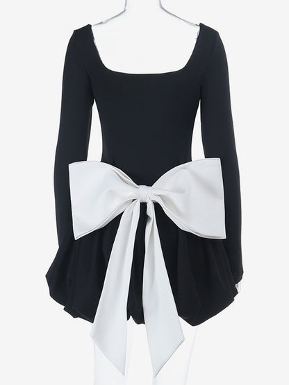 Square Neck Women Bubble Mini Dress With Big Bow - Black Long Sleeve Elegant Contrast - Audrey Style Spring Party Wear 2026