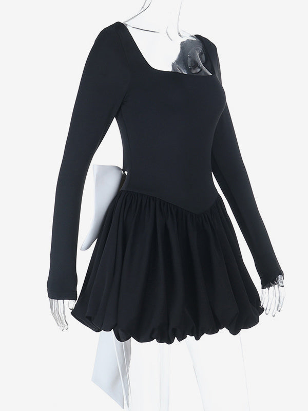 Square Neck Women Bubble Mini Dress With Big Bow - Black Long Sleeve Elegant Contrast - Audrey Style Spring Party Wear 2026