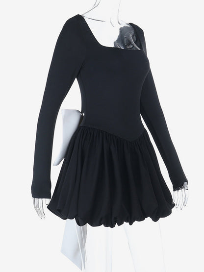 Square Neck Women Bubble Mini Dress With Big Bow - Black Long Sleeve Elegant Contrast - Audrey Style Spring Party Wear 2026