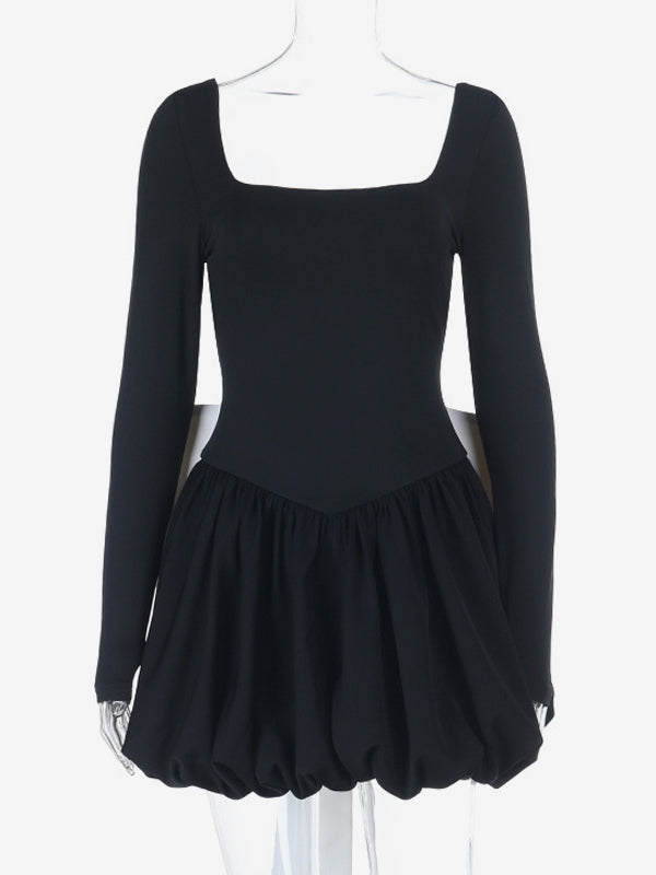 Square Neck Women Bubble Mini Dress With Big Bow - Black Long Sleeve Elegant Contrast - Audrey Style Spring Party Wear 2026