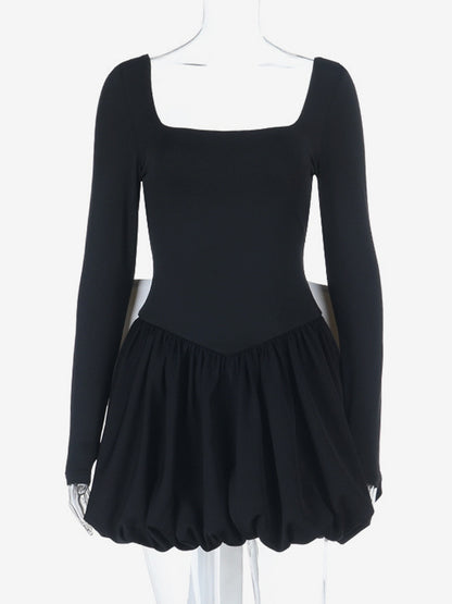 Square Neck Women Bubble Mini Dress With Big Bow - Black Long Sleeve Elegant Contrast - Audrey Style Spring Party Wear 2026