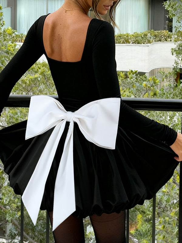 Square Neck Women Bubble Mini Dress With Big Bow - Black Long Sleeve Elegant Contrast - Audrey Style Spring Party Wear 2026