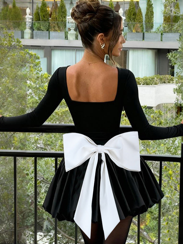Square Neck Women Bubble Mini Dress With Big Bow - Black Long Sleeve Elegant Contrast - Audrey Style Spring Party Wear 2026