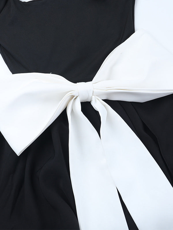 Square Neck Women Bubble Mini Dress With Big Bow - Black Long Sleeve Elegant Contrast - Audrey Style Spring Party Wear 2026