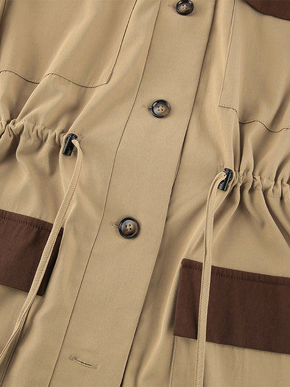 Barn Color Block Women Long Trench Coat - Utility Drawstring Waist Longline Fit - Safari Style Spring Casual Outwear 2026