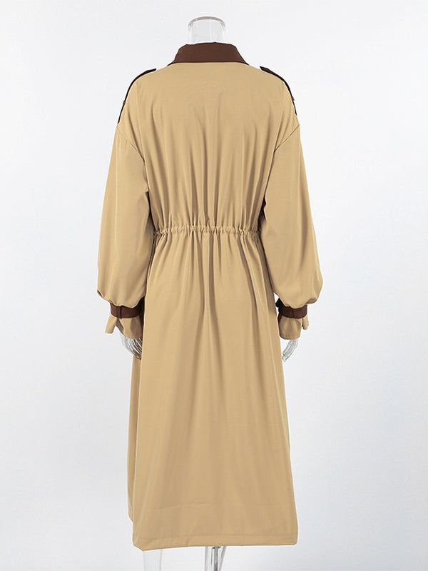 Barn Color Block Women Long Trench Coat - Utility Drawstring Waist Longline Fit - Safari Style Spring Casual Outwear 2026