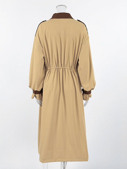 Barn Color Block Women Long Trench Coat - Utility Drawstring Waist Longline Fit - Safari Style Spring Casual Outwear 2026