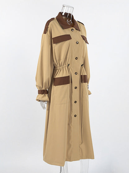 Barn Color Block Women Long Trench Coat - Utility Drawstring Waist Longline Fit - Safari Style Spring Casual Outwear 2026