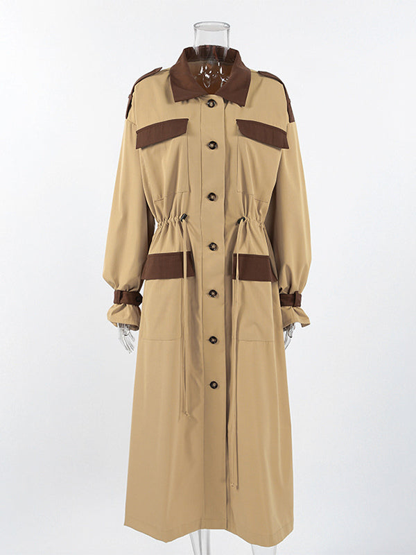 Barn Color Block Women Long Trench Coat - Utility Drawstring Waist Longline Fit - Safari Style Spring Casual Outwear 2026