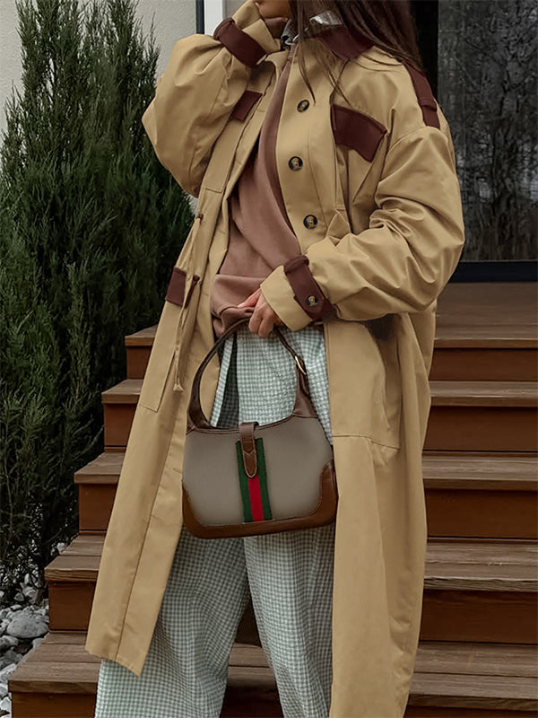 Barn Color Block Women Long Trench Coat - Utility Drawstring Waist Longline Fit - Safari Style Spring Casual Outwear 2026