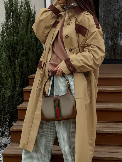 Barn Color Block Women Long Trench Coat - Utility Drawstring Waist Longline Fit - Safari Style Spring Casual Outwear 2026
