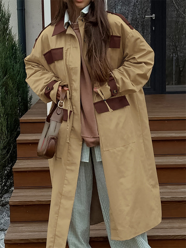 Barn Color Block Women Long Trench Coat - Utility Drawstring Waist Longline Fit - Safari Style Spring Casual Outwear 2026