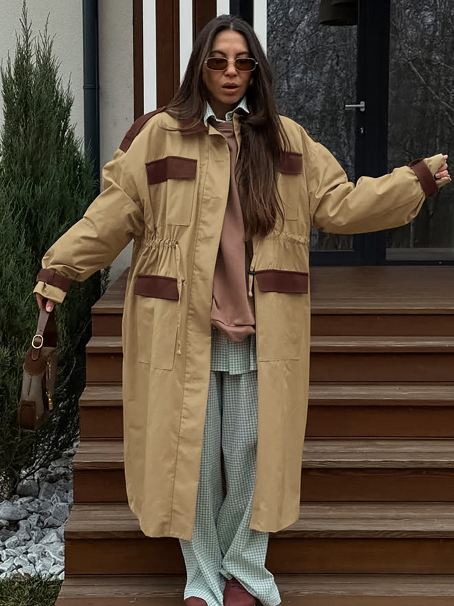 Barn Color Block Women Long Trench Coat - Utility Drawstring Waist Longline Fit - Safari Style Spring Casual Outwear 2026