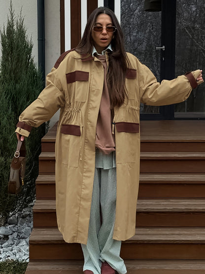 Barn Color Block Women Long Trench Coat - Utility Drawstring Waist Longline Fit - Safari Style Spring Casual Outwear 2026