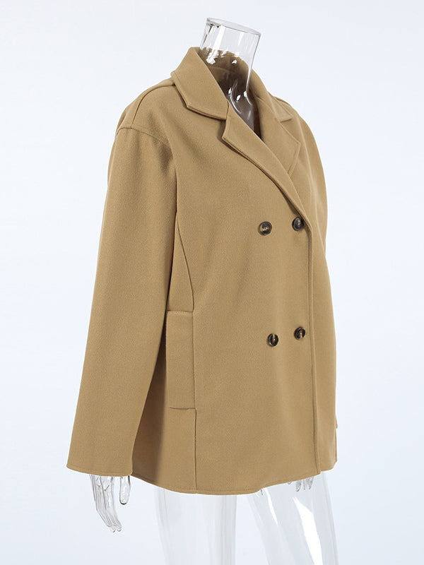 Camel Double Breasted Women Pea Coat - Minimalist Notch Lapel Boxy Fit - Quiet Luxury Spring Streetwear 2026