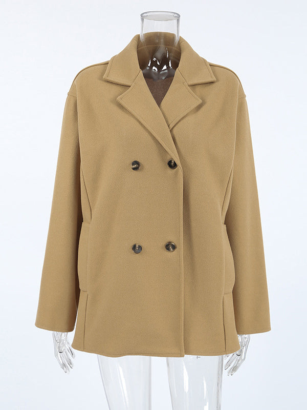 Camel Double Breasted Women Pea Coat - Minimalist Notch Lapel Boxy Fit - Quiet Luxury Spring Streetwear 2026