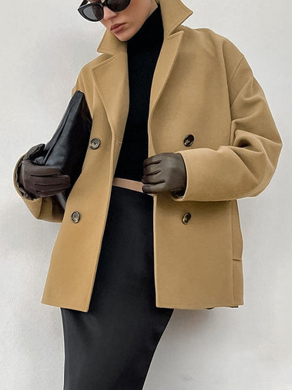 Camel Double Breasted Women Pea Coat - Minimalist Notch Lapel Boxy Fit - Quiet Luxury Spring Streetwear 2026