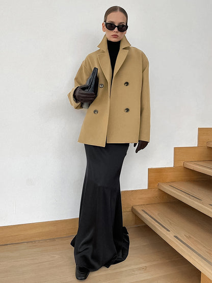 Camel Double Breasted Women Pea Coat - Minimalist Notch Lapel Boxy Fit - Quiet Luxury Spring Streetwear 2026