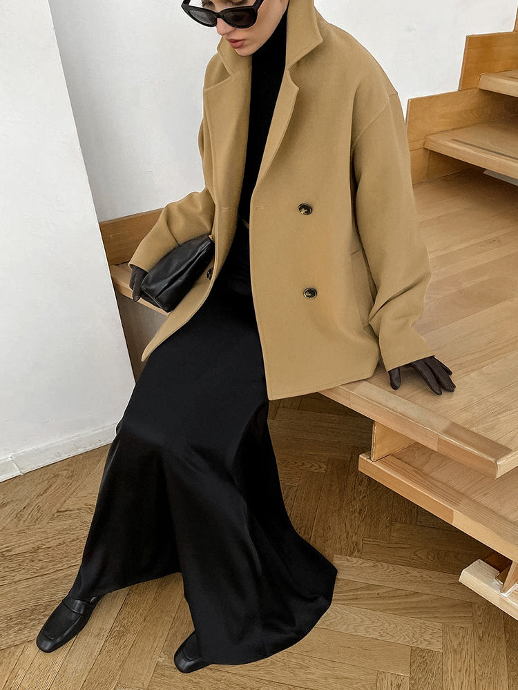 Camel Double Breasted Women Pea Coat - Minimalist Notch Lapel Boxy Fit - Quiet Luxury Spring Streetwear 2026