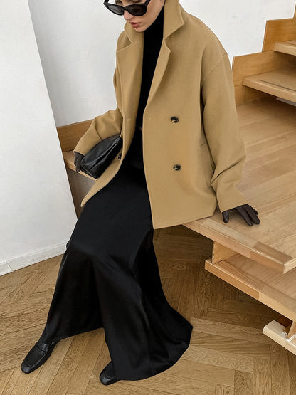 Camel Double Breasted Women Pea Coat - Minimalist Notch Lapel Boxy Fit - Quiet Luxury Spring Streetwear 2026