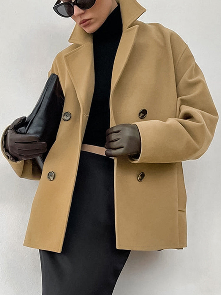 Camel Double Breasted Women Pea Coat - Minimalist Notch Lapel Boxy Fit - Quiet Luxury Spring Streetwear 2026