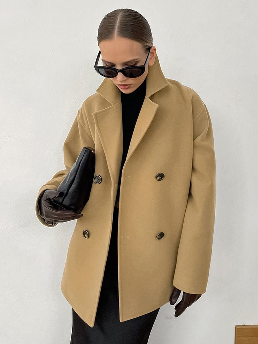Camel Double Breasted Women Pea Coat - Minimalist Notch Lapel Boxy Fit - Quiet Luxury Spring Streetwear 2026