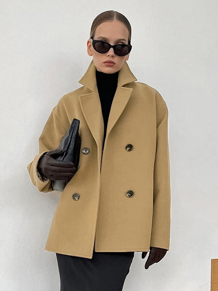 Camel Double Breasted Women Pea Coat - Minimalist Notch Lapel Boxy Fit - Quiet Luxury Spring Streetwear 2026