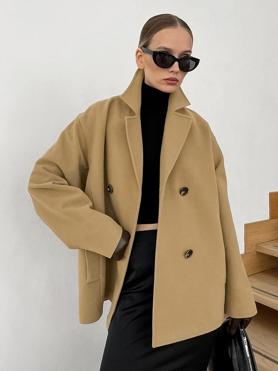 Camel Double Breasted Women Pea Coat - Minimalist Notch Lapel Boxy Fit - Quiet Luxury Spring Streetwear 2026