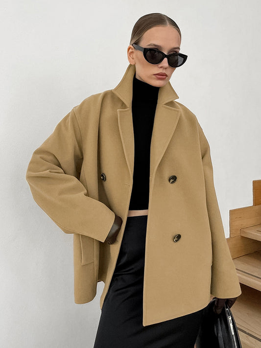 Camel Double Breasted Women Pea Coat - Minimalist Notch Lapel Boxy Fit - Quiet Luxury Spring Streetwear 2026