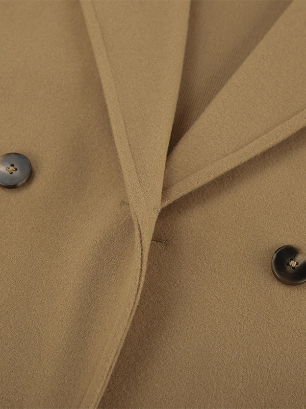 Camel Double Breasted Women Pea Coat - Minimalist Notch Lapel Boxy Fit - Quiet Luxury Spring Streetwear 2026